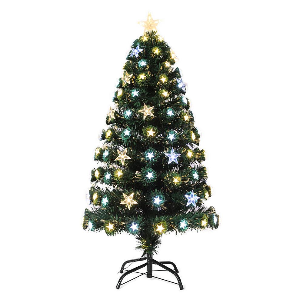 QYF220312 árbol de navidad de fibra óptica totalmente iluminado con estrellas grandes y pequeñas y con luz blanca cálida luz blanca fría